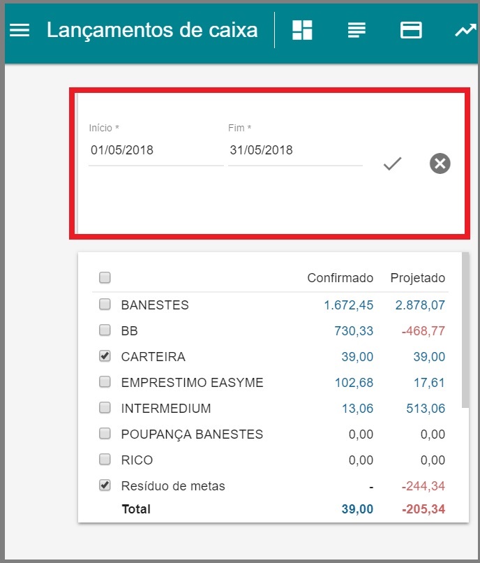 lançamentos de caixa.