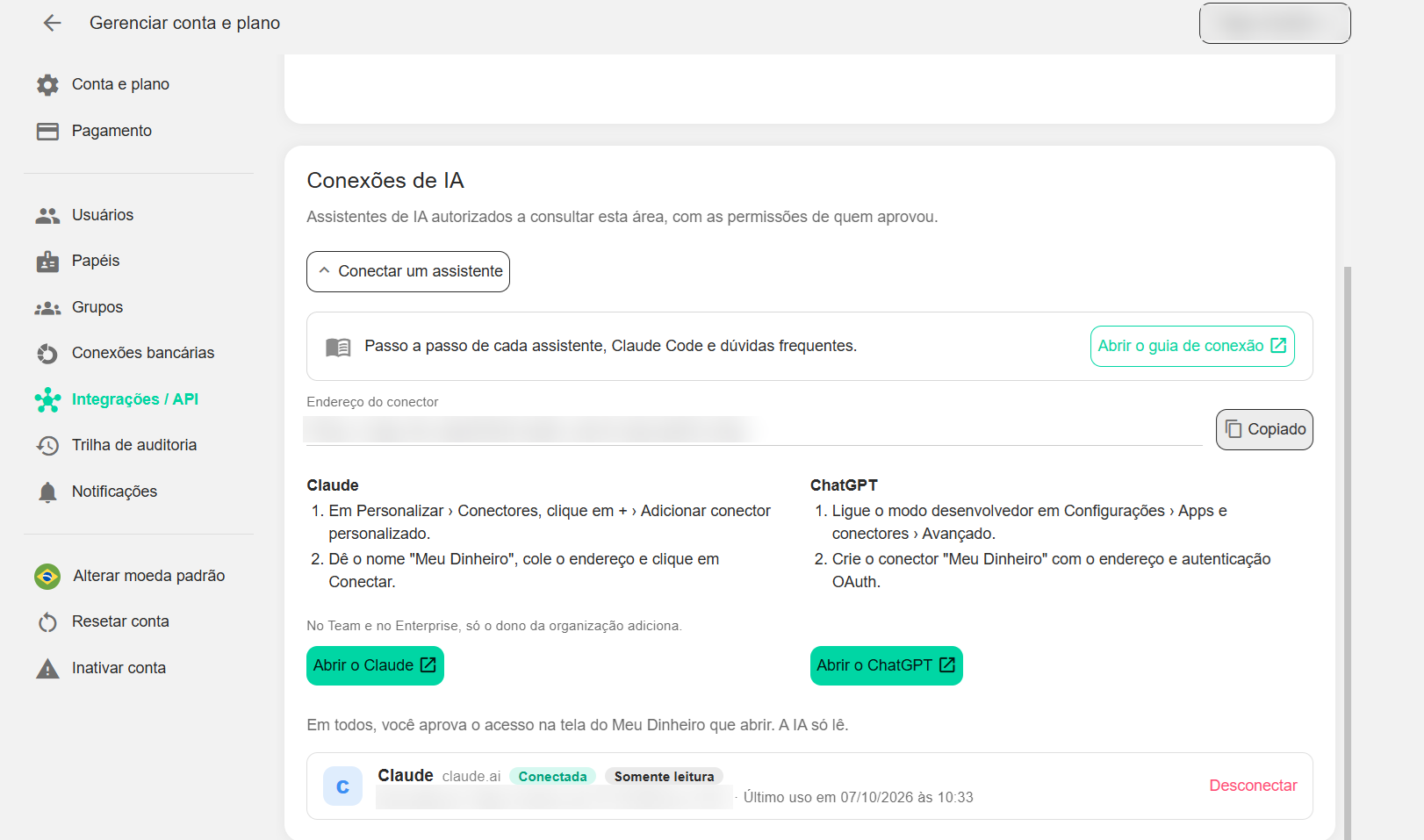 Tela de Conexões de IA do Meu Dinheiro