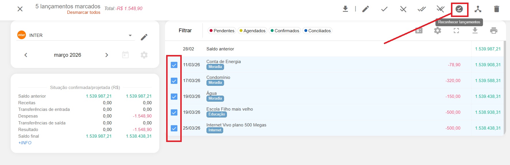 Reconhecer lançamentos em lote