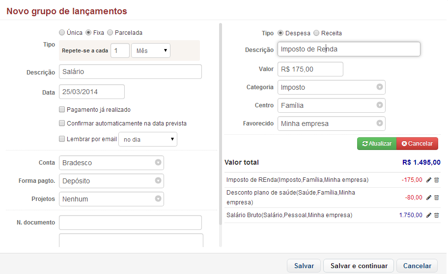 Lançamentos com múltiplas categorias (split)