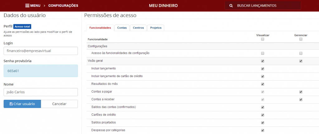 Configuração de acesso de usuário adicional