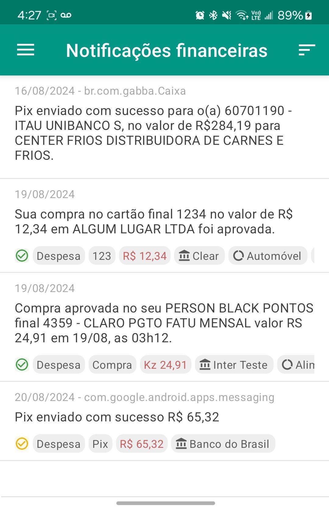 Lista Notificações Financeiras