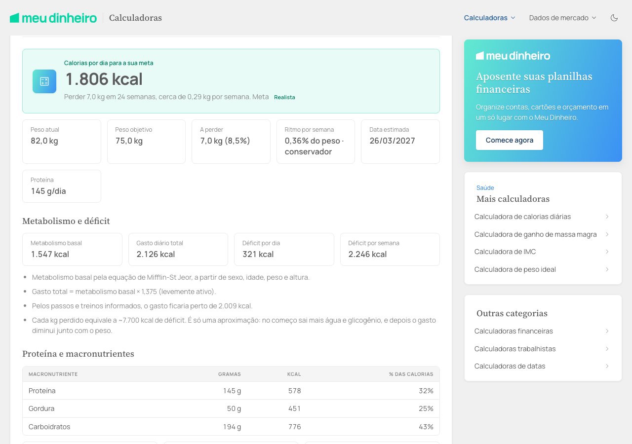 Resultado da calculadora de emagrecimento