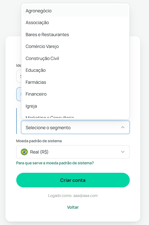 Campo com a lista de segmentos